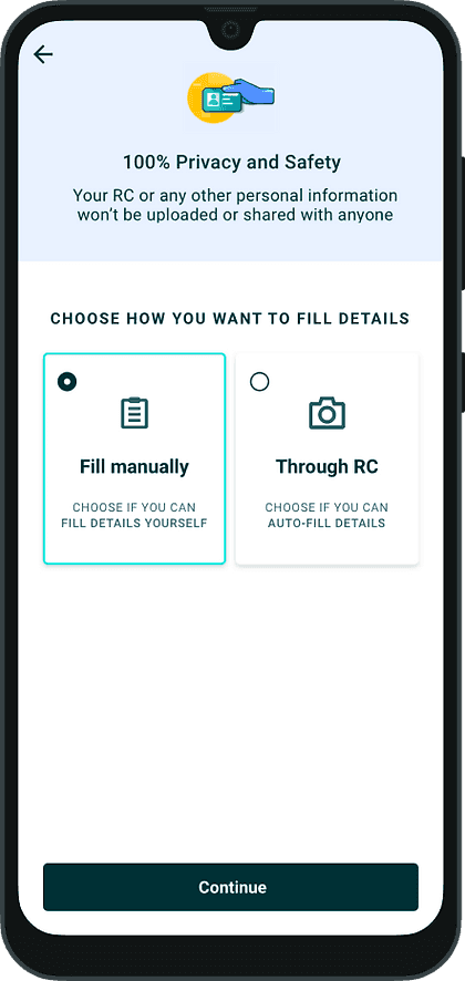 Screen offering fill manually or through RC with a privacy note.