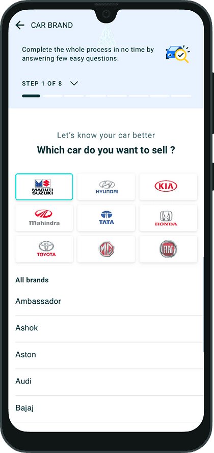 Step one of the wizard: pick a car brand from a grid of logos.