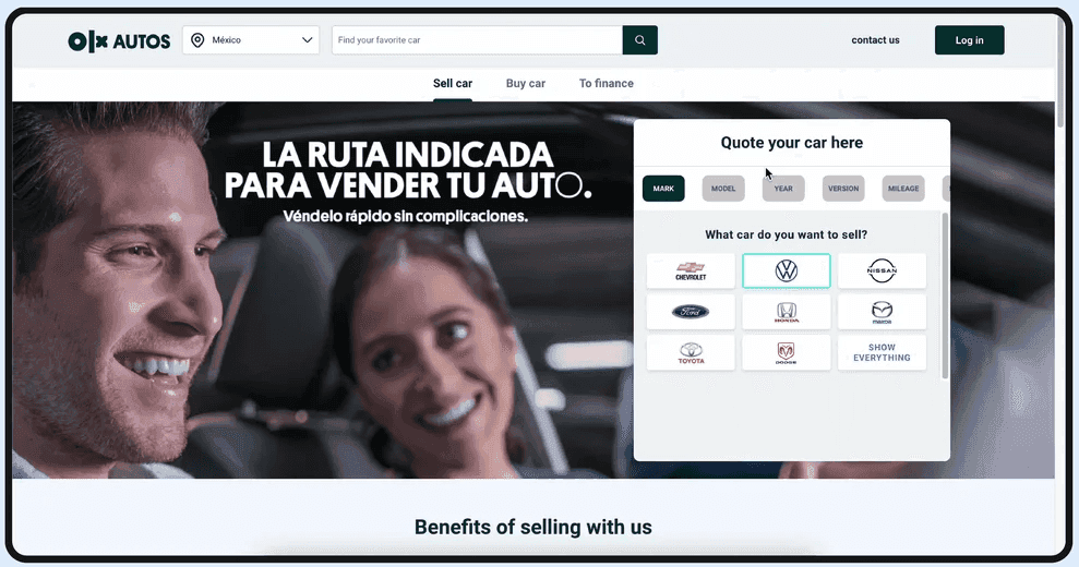 Old OLX Autos Mexico web landing page with a desktop quote widget for brand selection.