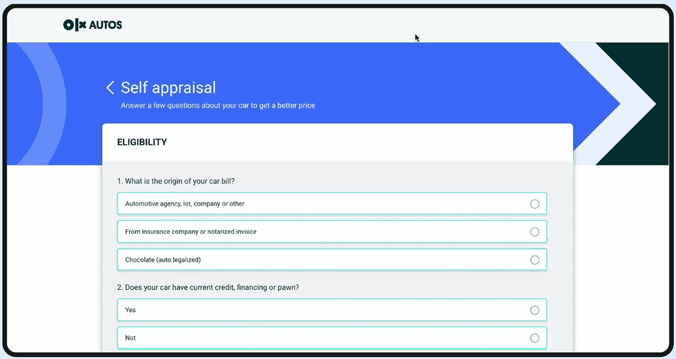 Old web self-appraisal form asking eligibility questions about bill origin and financing.