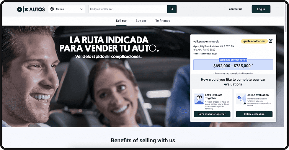 Old OLX Autos sell-car landing page with estimated price and two evaluation paths.