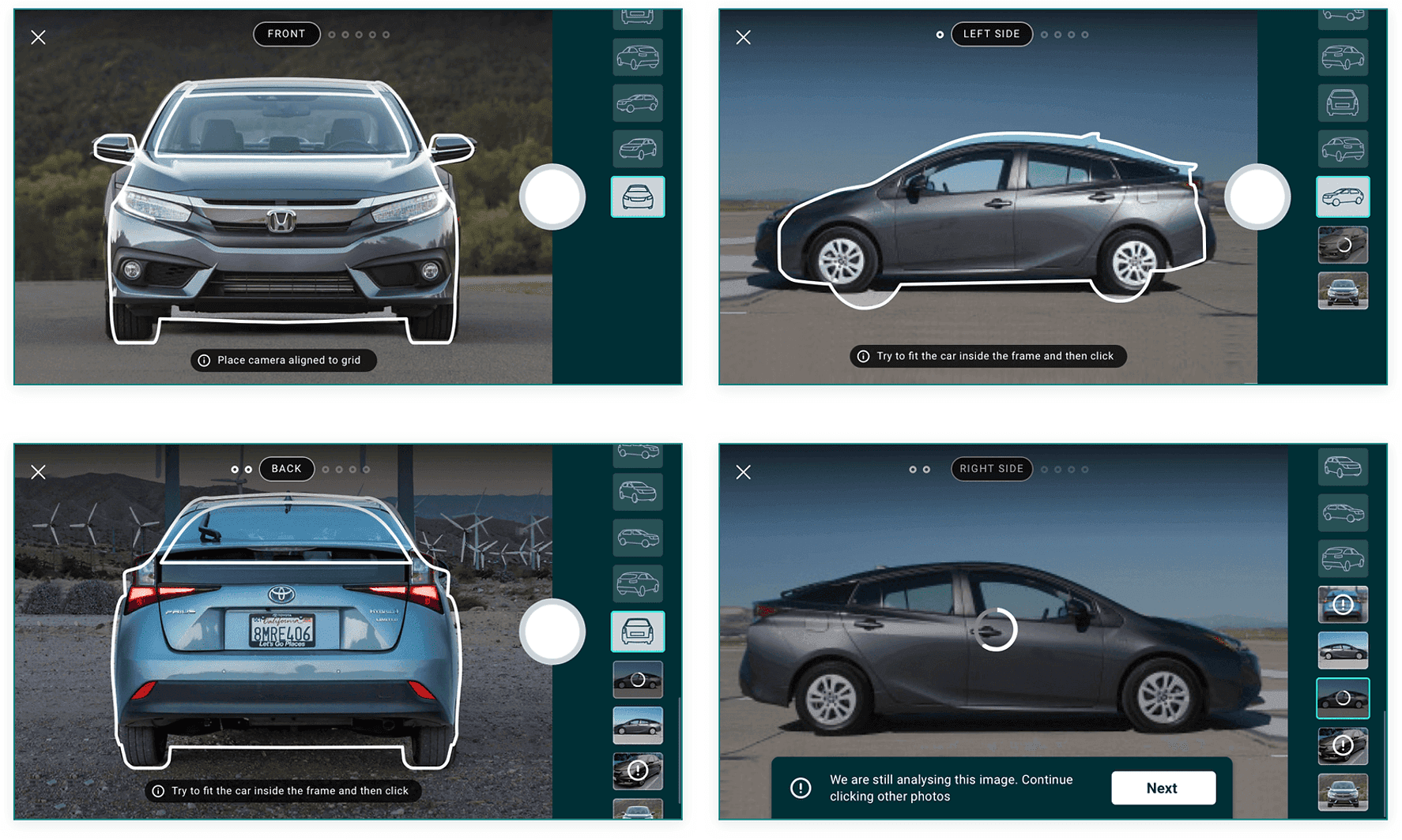Four landscape camera screens for front, left, back, and right, with stencil overlays and a processing state.