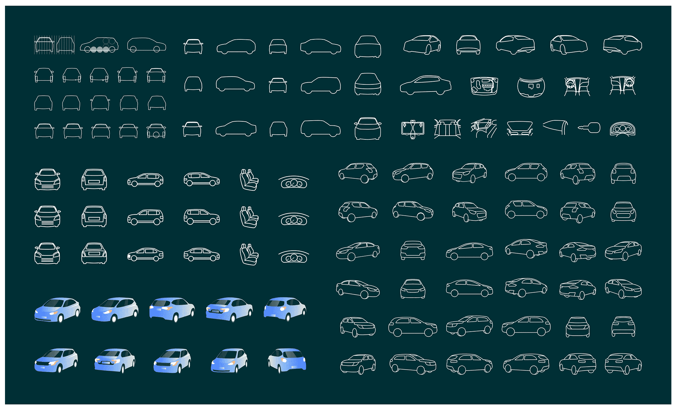 Stencil and icon set for car angles, interiors, engine, and damage grids used in the camera flow.