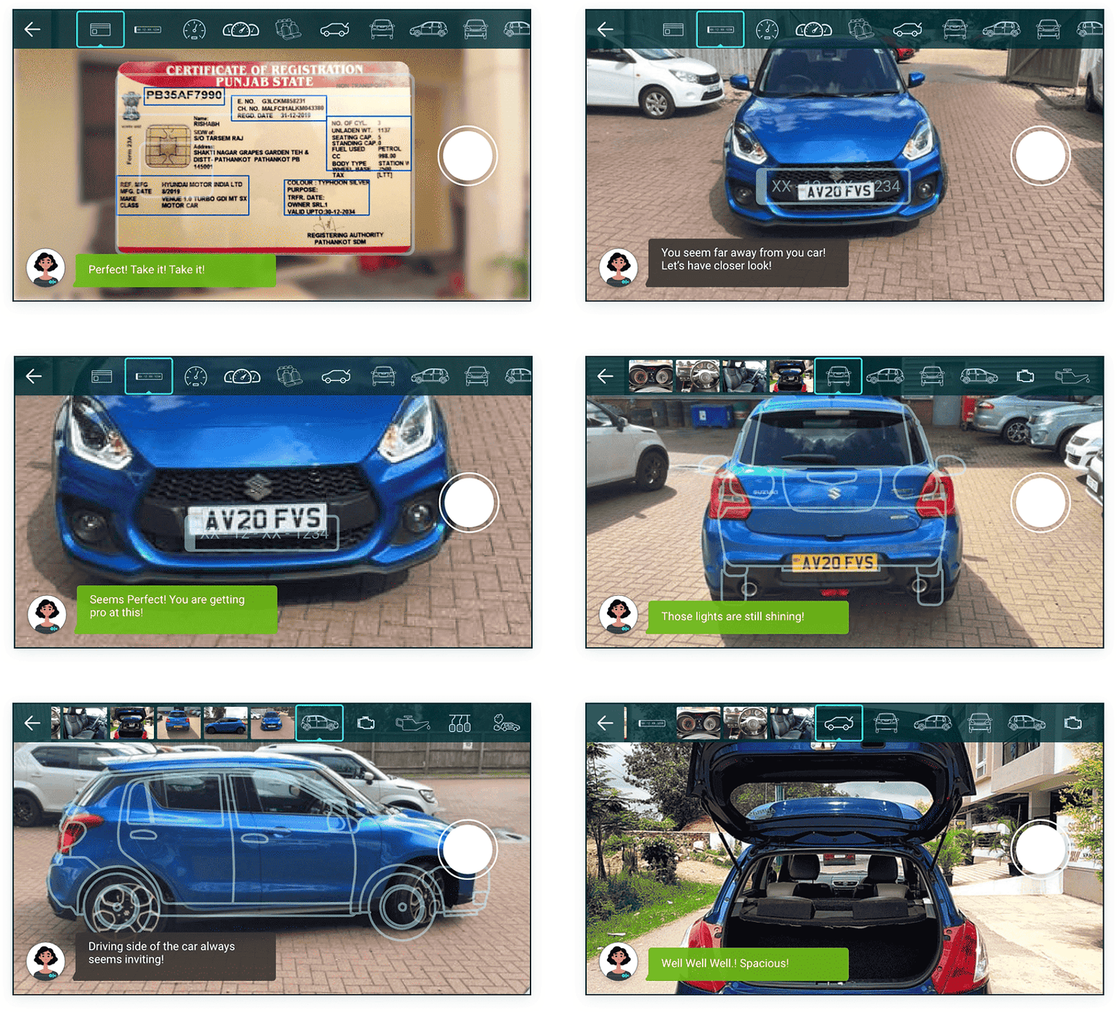 Mascot-guided camera exploration with speech bubbles and stencil overlays on document and car shots.