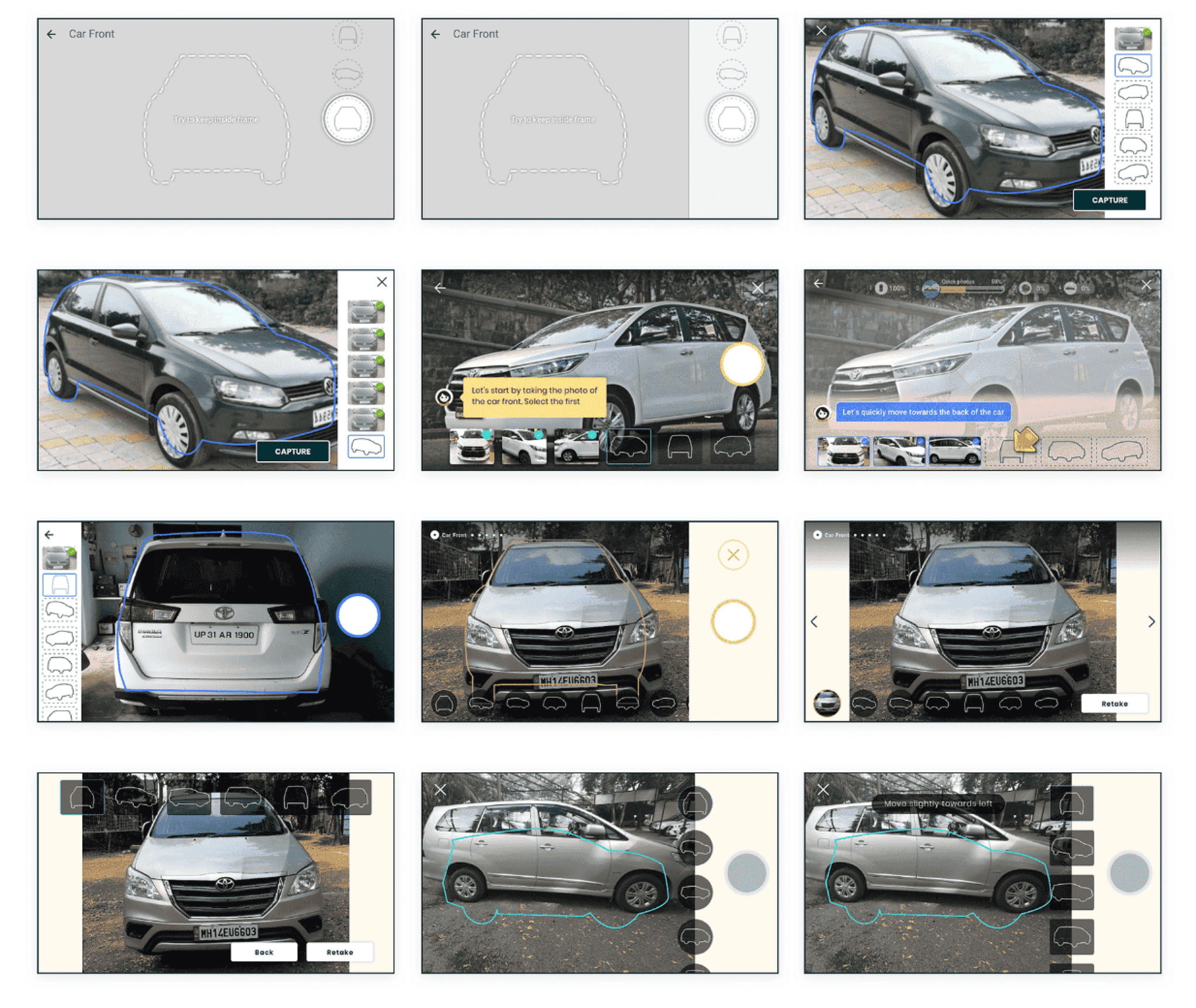 Camera UI explorations: portrait and landscape layouts with stencil overlays and shot lists.