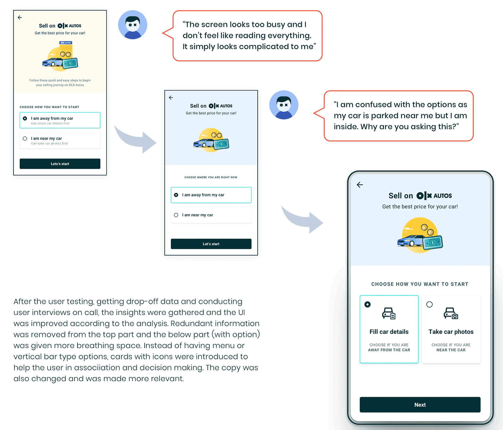 Three iterations of the start screen, ending with two cards for filling details or taking photos.