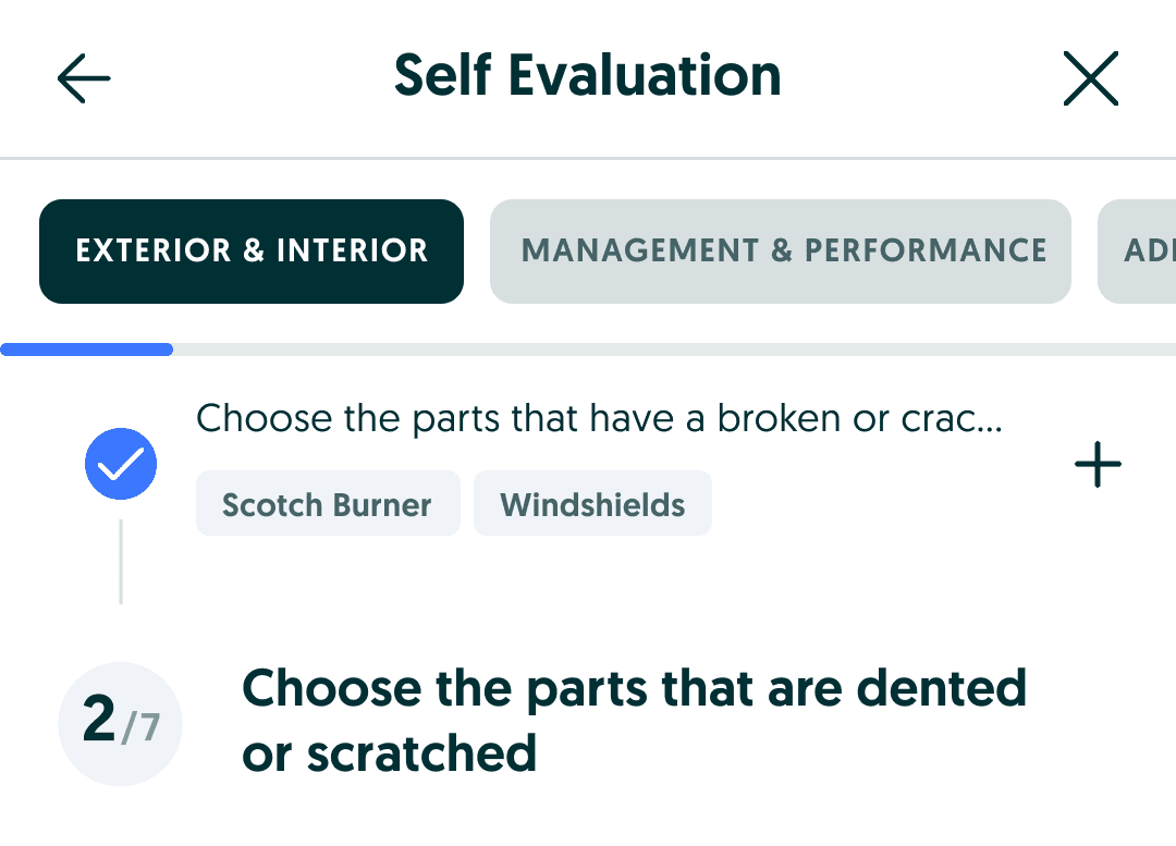 Self-evaluation exploration with section tabs and a vertical timeline of answered questions.