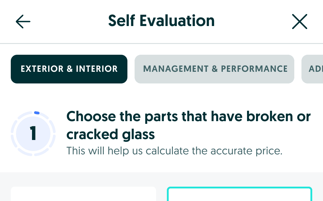 Self-evaluation question about broken or cracked glass with section tabs.