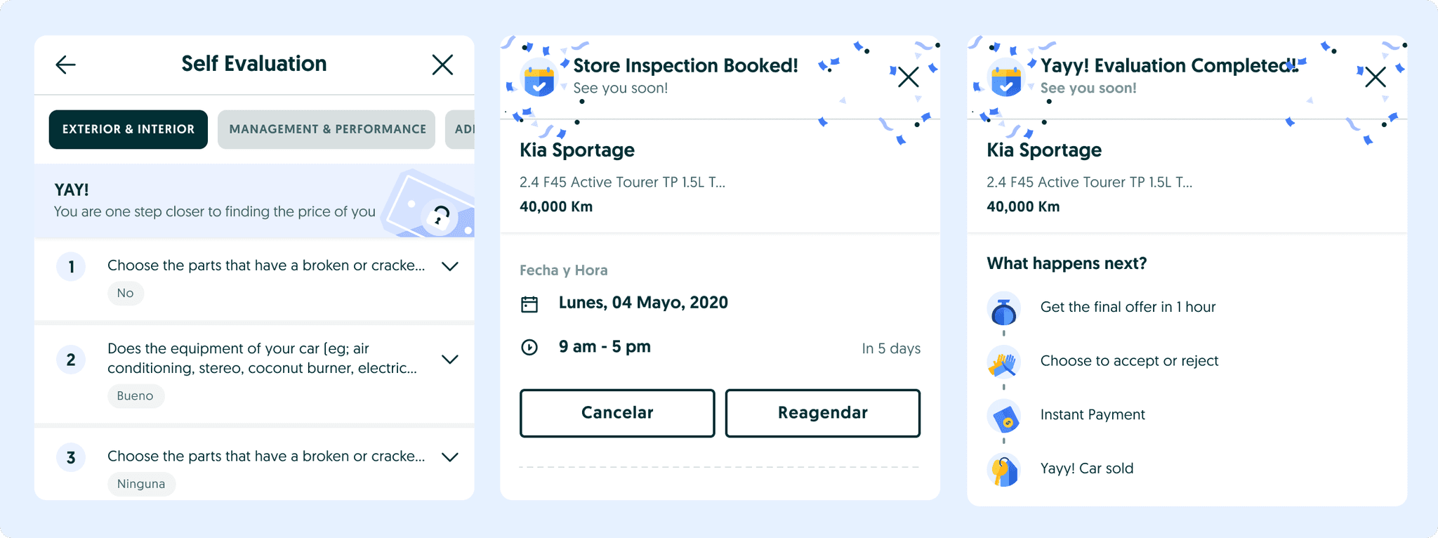 Three screens: self-evaluation answers, store inspection booked, and evaluation completed with next steps.