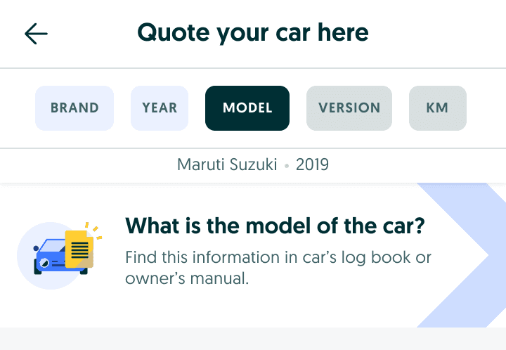 Basics step asking for car model with an illustration of a log book over a car.