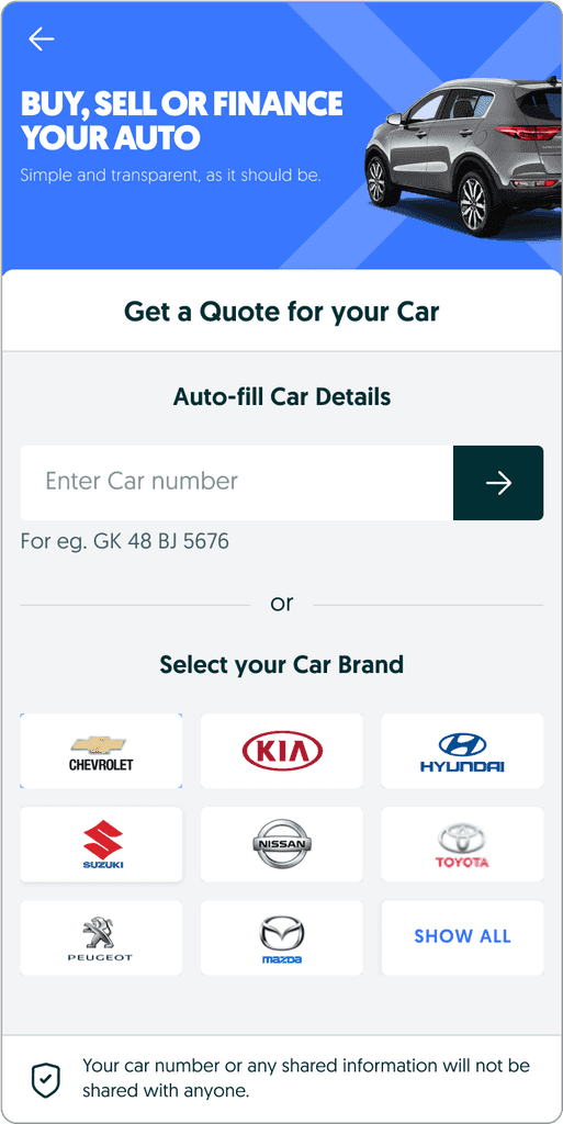 Get a quote screen with car number entry and a brand logo grid.