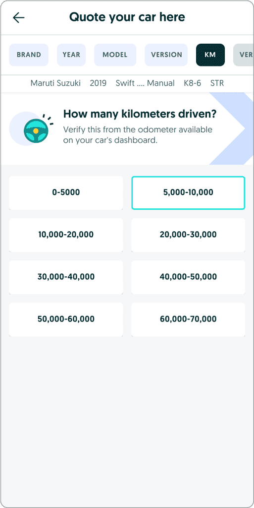 Kilometers step with top tabs and a grid of mileage ranges.