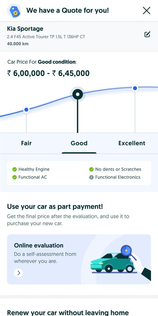 Quote screen with an online evaluation card to start self-assessment from home.