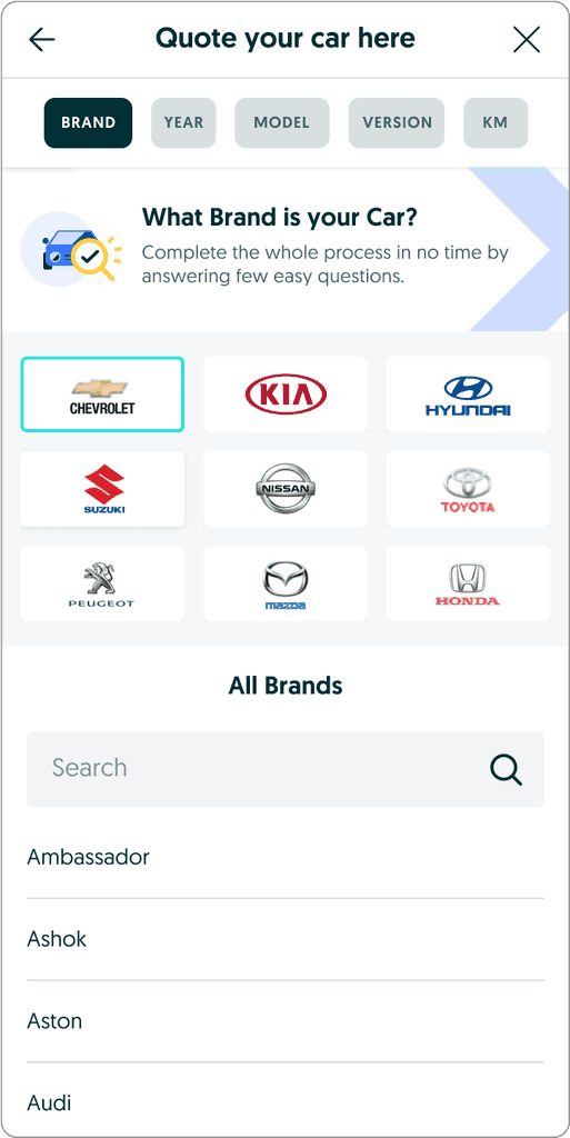 Brand selection step with top tabs for brand, year, model, version, and km.