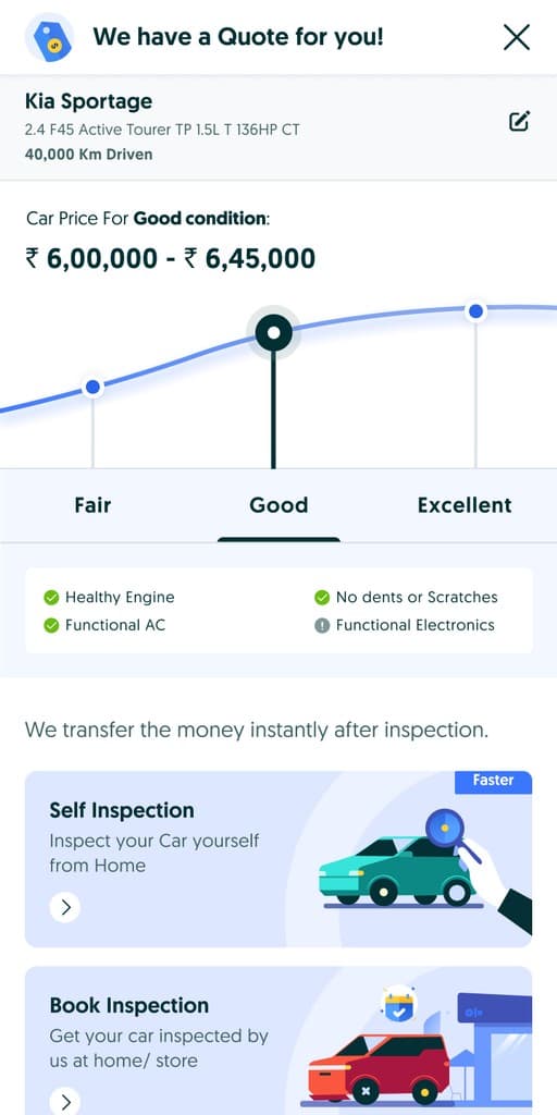 Quote screen with a condition curve for Fair, Good, and Excellent, plus Self Inspection and Book Inspection cards.
