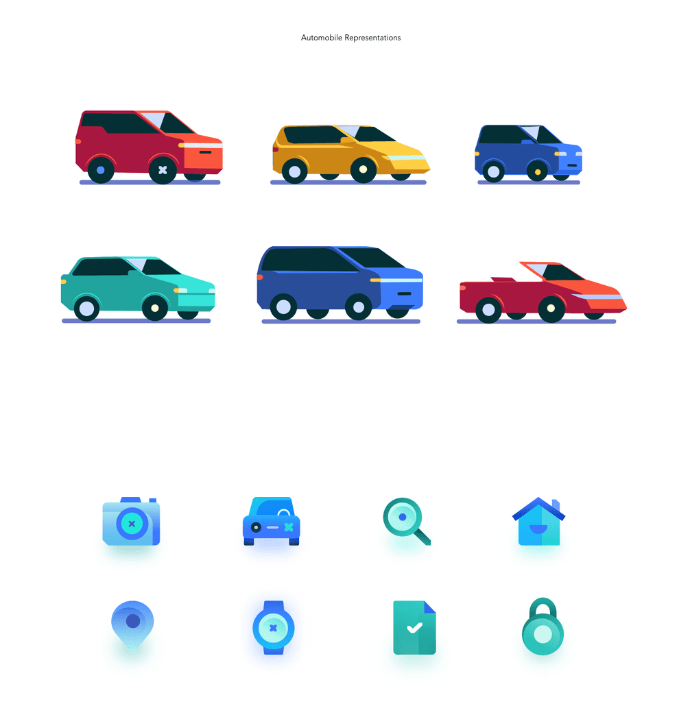 Flat car illustrations and gradient utility icons from the new visual system.