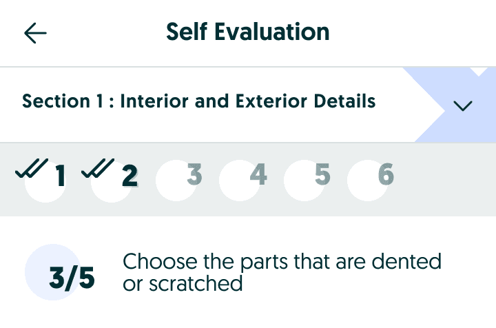 Self-evaluation exploration with section title, numbered step circles, and a 3 of 5 question marker.