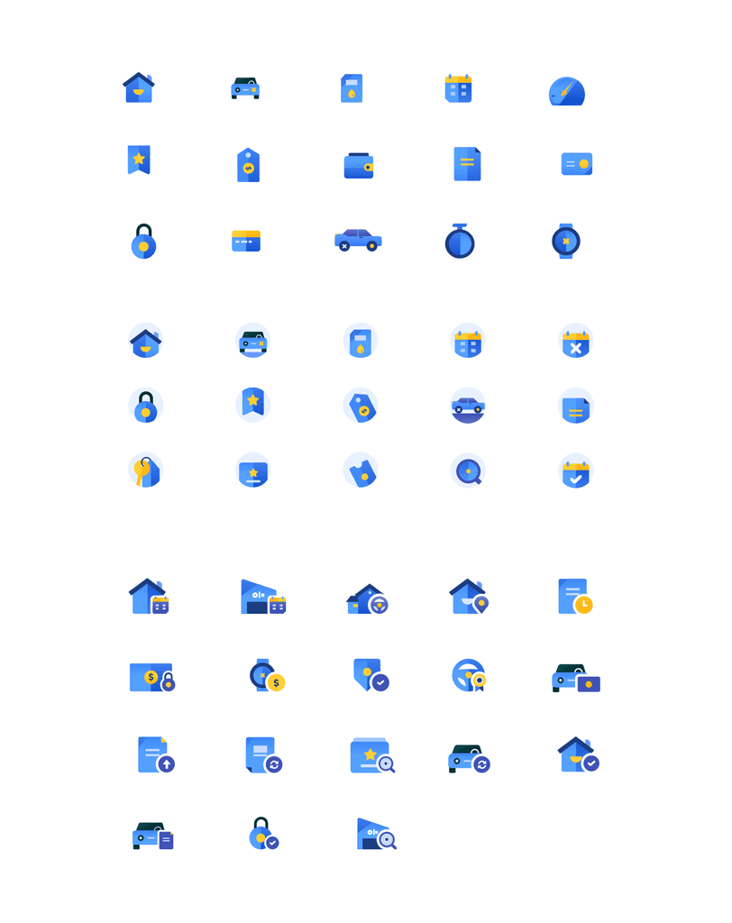 Iconography sheet with basic, contained, and composite icons in navy, blue, and gold.