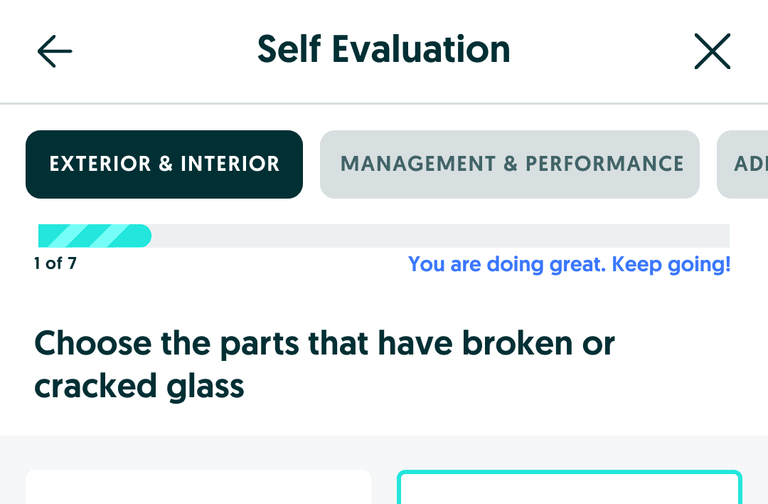 Self-evaluation exploration with section tabs, a striped progress bar, and an encouragement line.