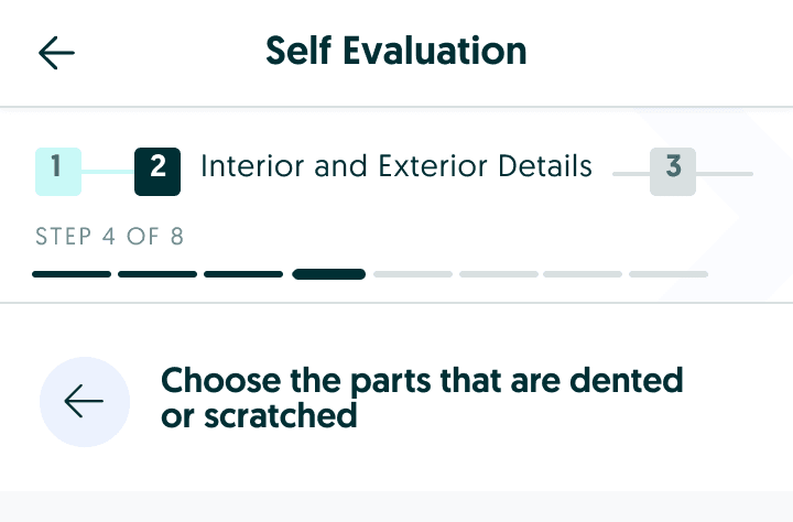 Self-evaluation exploration with numbered section rail and a segmented step bar.